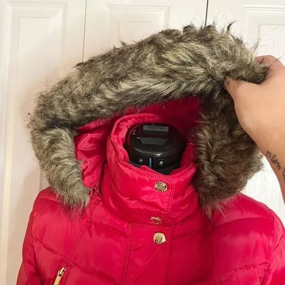 Michael Kors Down Water Fowl Feathers Chevron Quilted Puffer Hooded Parka Coat